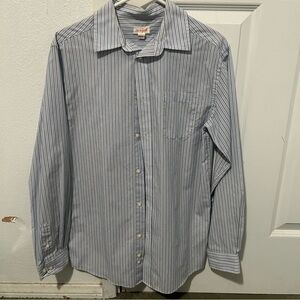 Kid’s blue, white, and black striped long sleeve button up